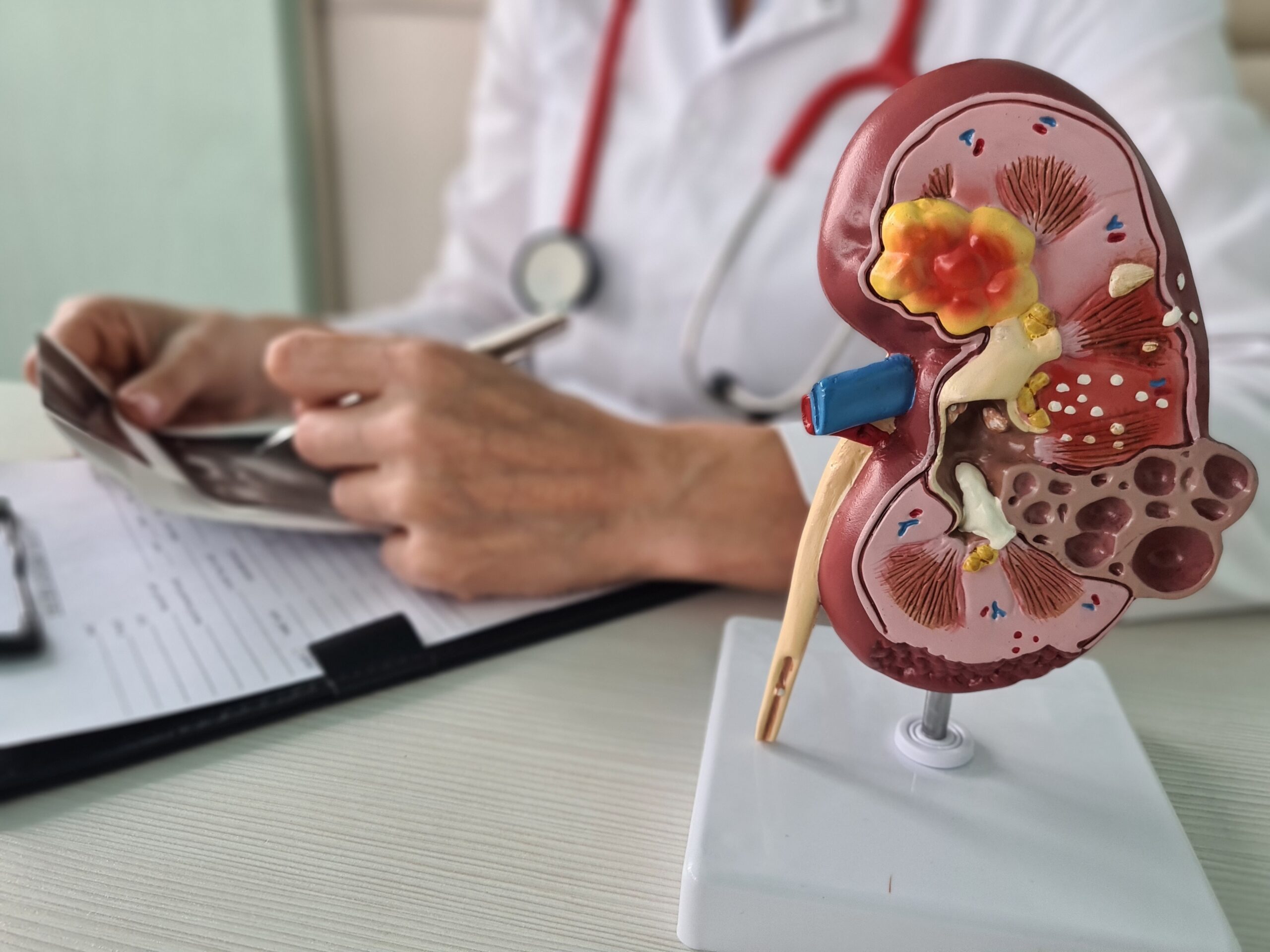 Urology and treatment of kidney diseases. Doctor analyzes patient kidney health with kidney ultrasound and anatomical model